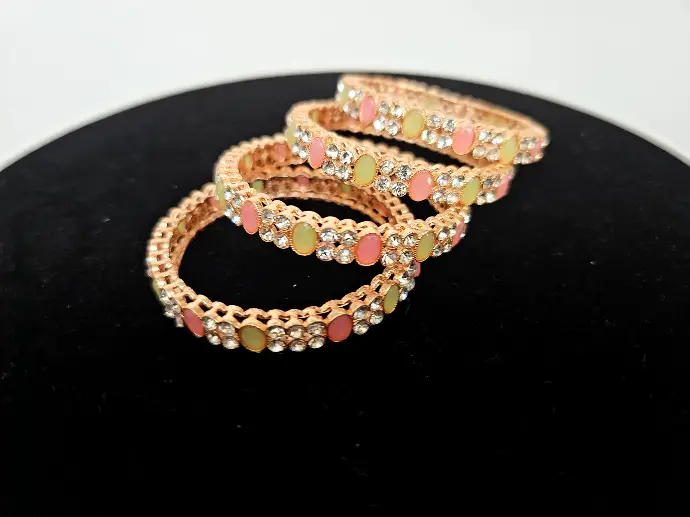 Rose Gold Stone Bangle With Pink & Green Stone Round
