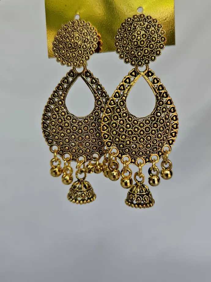 Golden Hanging Heavy Earring With Small Jumka