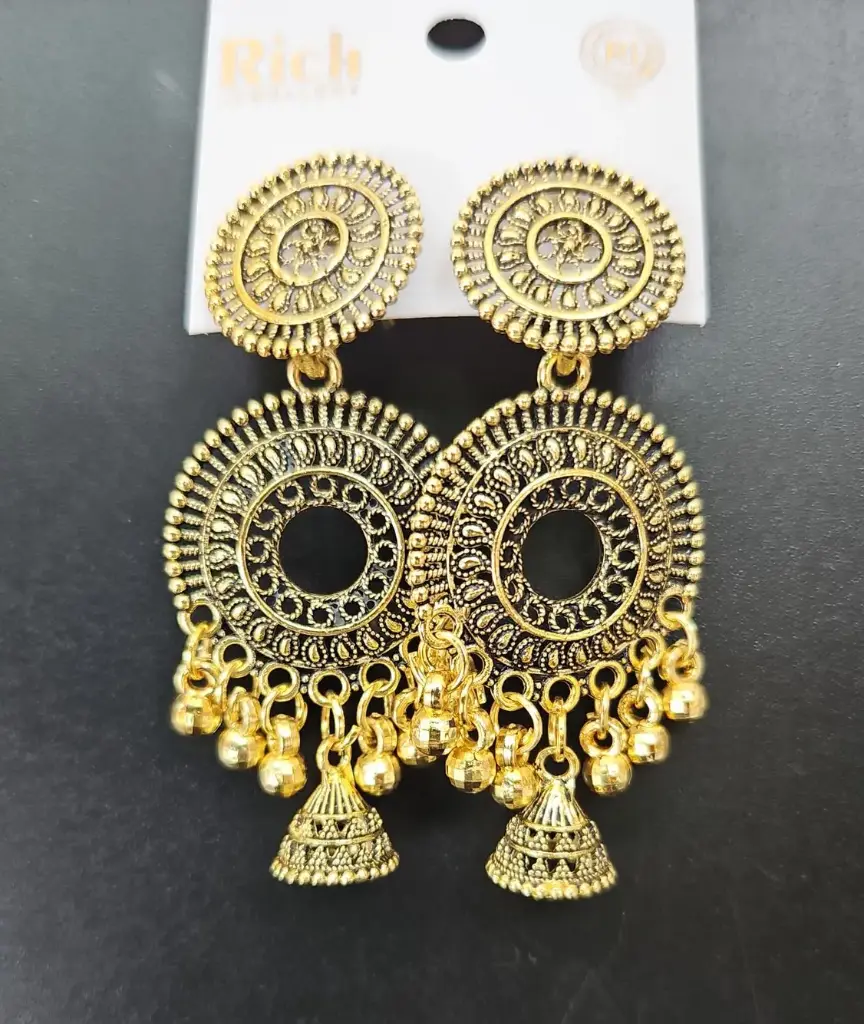 Golden Hanging Heavy Round Earring With Small Jumka 