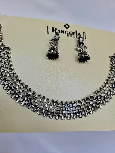 [IX2400395] Fancy Black Metal Silver Stone Necklace Set 