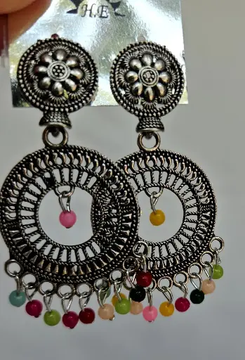 [IX2400494] Multi Color Stone Black Silver Round Hanging Earring