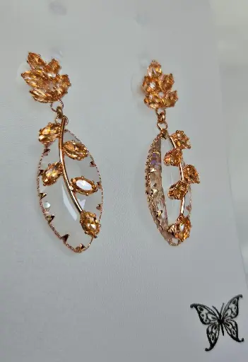 [IX2400540] Premium Rose Gold Earring With Colored Oval Stones With Leaf