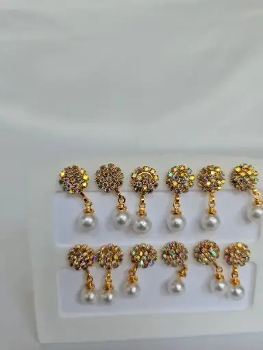 [IX2400565]  Golden Stone Stud Earring With Pearl Hanging 