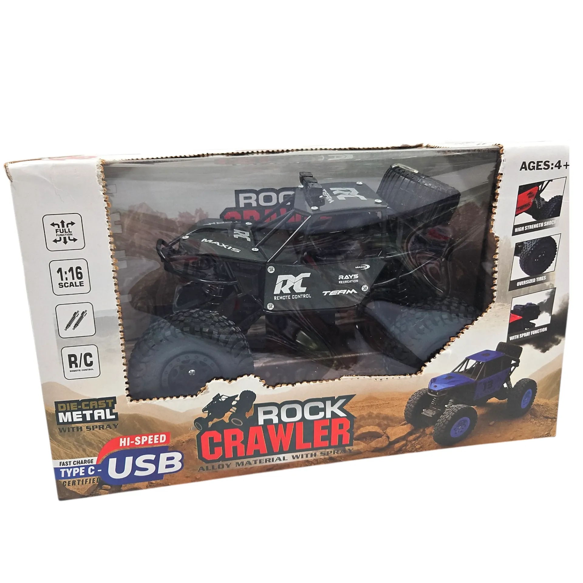 [IX2600518] 8211S Rock Crawler Alloy Material With Spray 1:16 Scale Remote Controlled Full Function Off Road Jeep With Over Sized Wheels (Black)