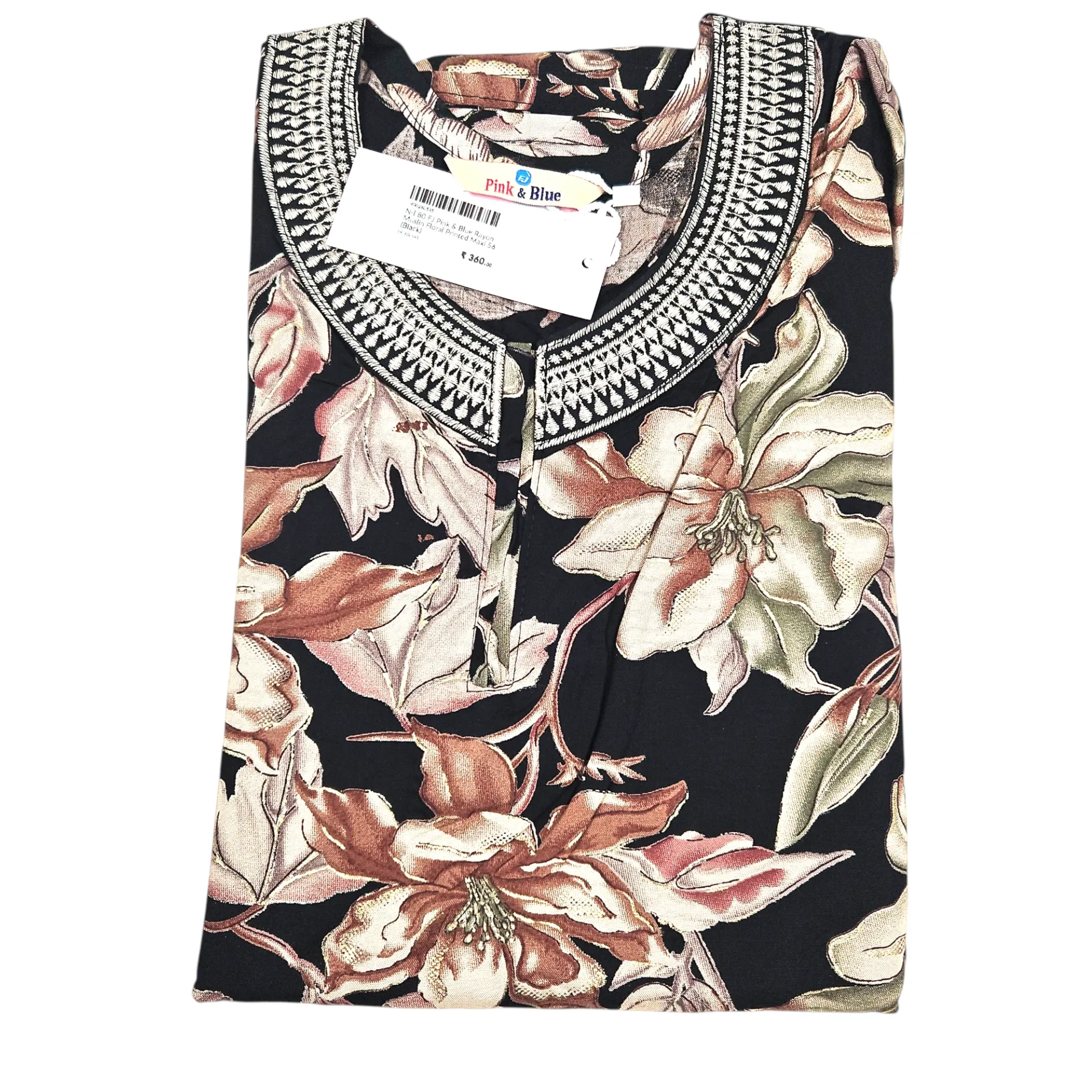 [IX2600543] N-I 80 FJ Pink & Blue Rayon Muslin Floral Printed Maxi 56 (Black)