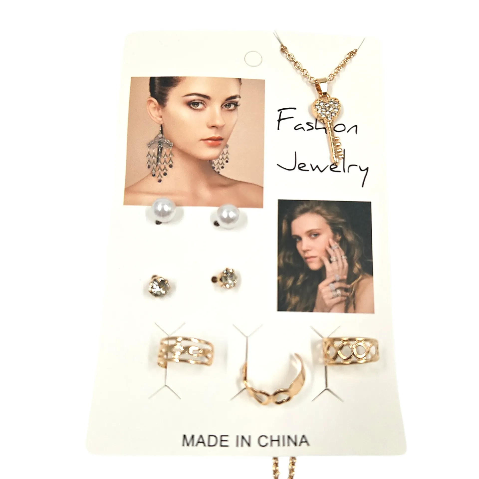[IX2600600] Fashion Jewelry Stone Locket Necklace Set With Studs & Rings (Golden)