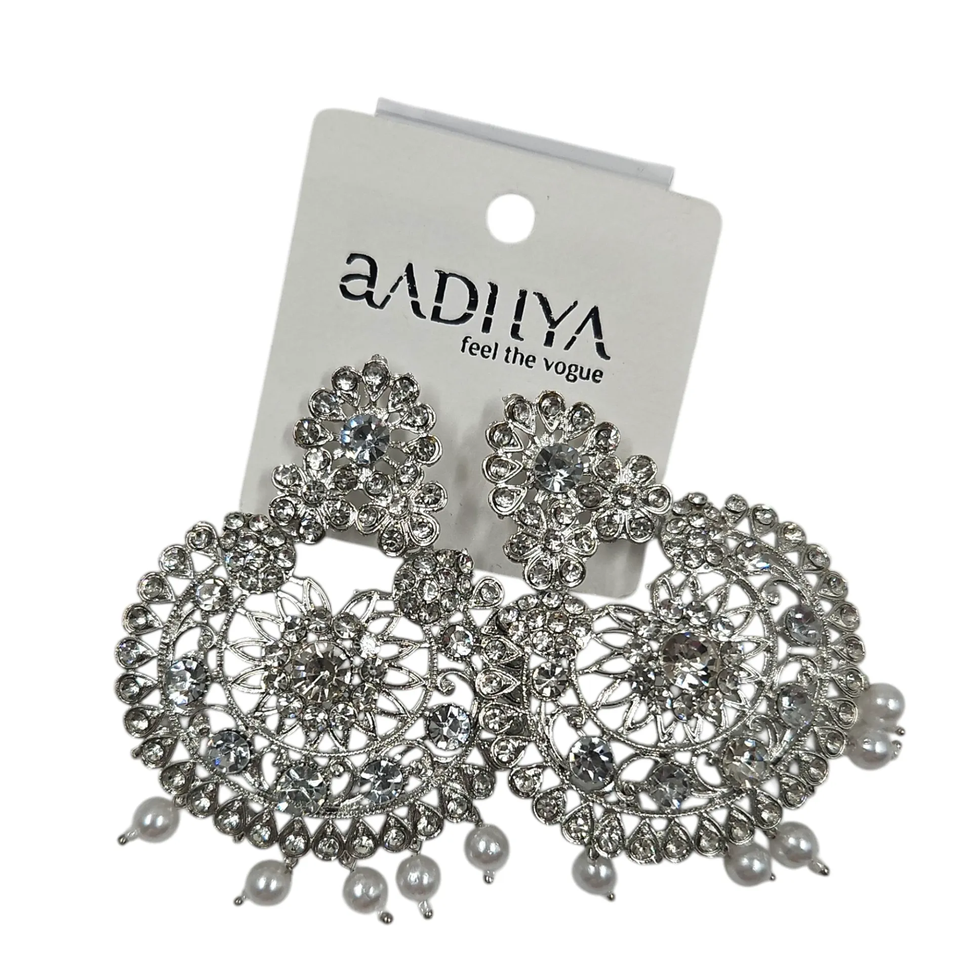 Aadiiya White Stones With White Hanging Pearls Heavy Earrings