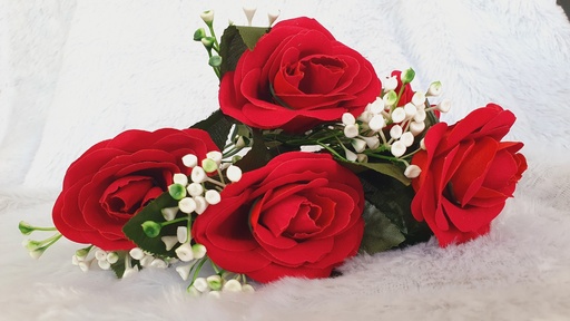 Artificial Realistic 7 Pcs Red Velvet Roses With White Buds Floral Bouquet For Decorations, Gifts & Crafts