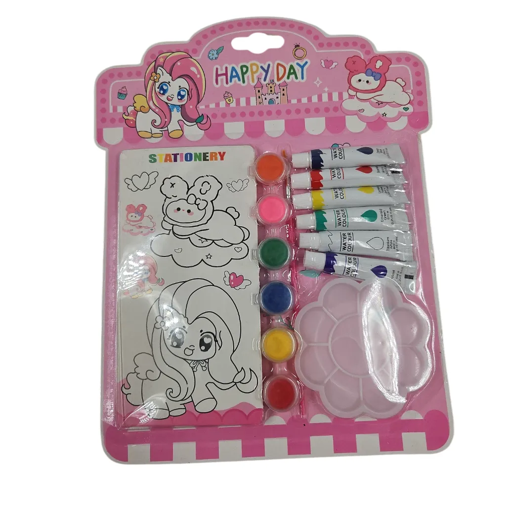 [IX2600828] Coloring Set With Color Book, Paint Color, Water Color Tubes 6 Shades With Brush & Color Palette (Happy Day)