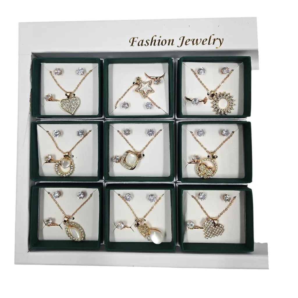 Fashion Jewelry White Stone Locket Golden Necklace Set With Studs & Ring In Box