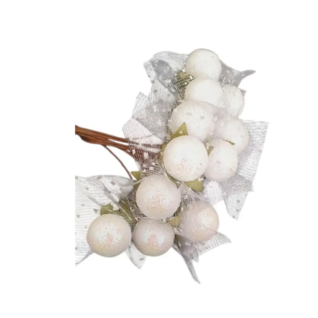 [IX000690] Balls Bunch Flower With Dotted Net & Leaf 12 Pcs  (White)