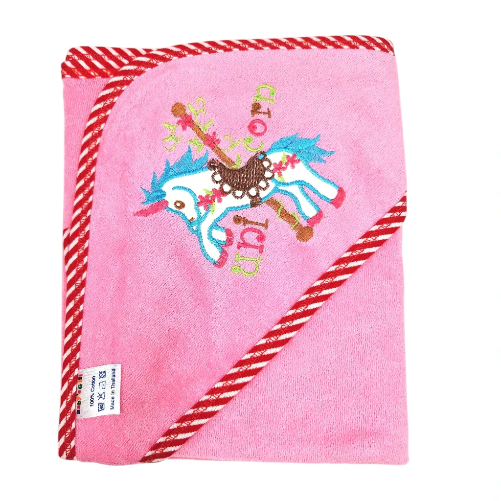 [IX2600914] Baby Terry Hooded Towel Small Embroidery Turkey With Cap 30"x30" (Pink)