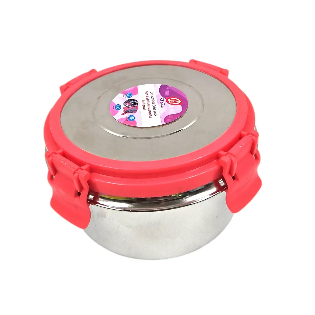 [IX2601146] 02 Lock & Seal Stainless Steel Lunch Box With Plastic Clip Lid (Pink)