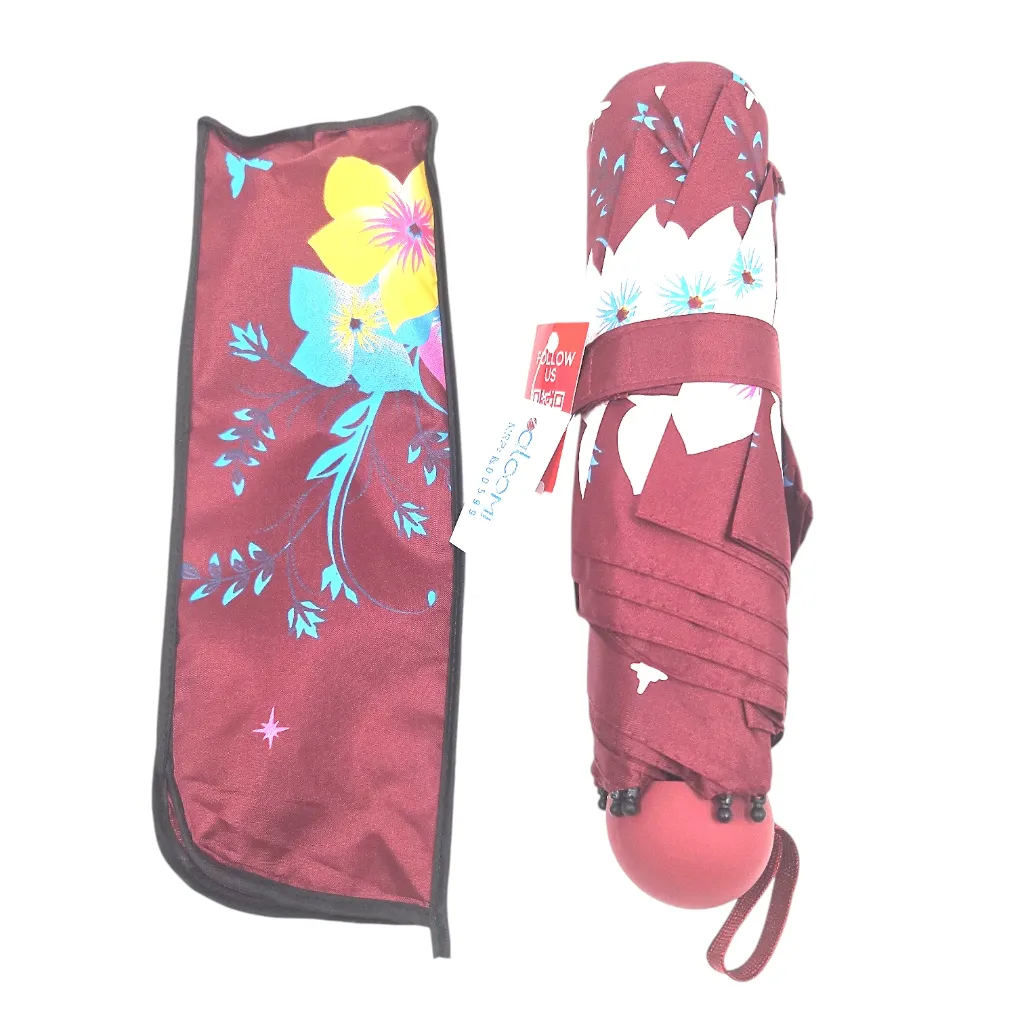 Aloomi 3 Fold Flower Printed Colored Umbrella With Pouch