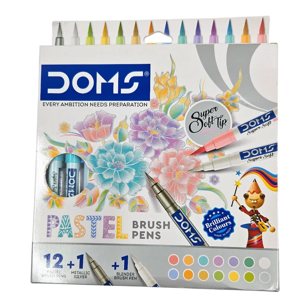 Doms Super Soft Tip Pastel Shades Brush Pens Set 12 Pastel Shades + 1 Silver Shade + 1 Blender Pen