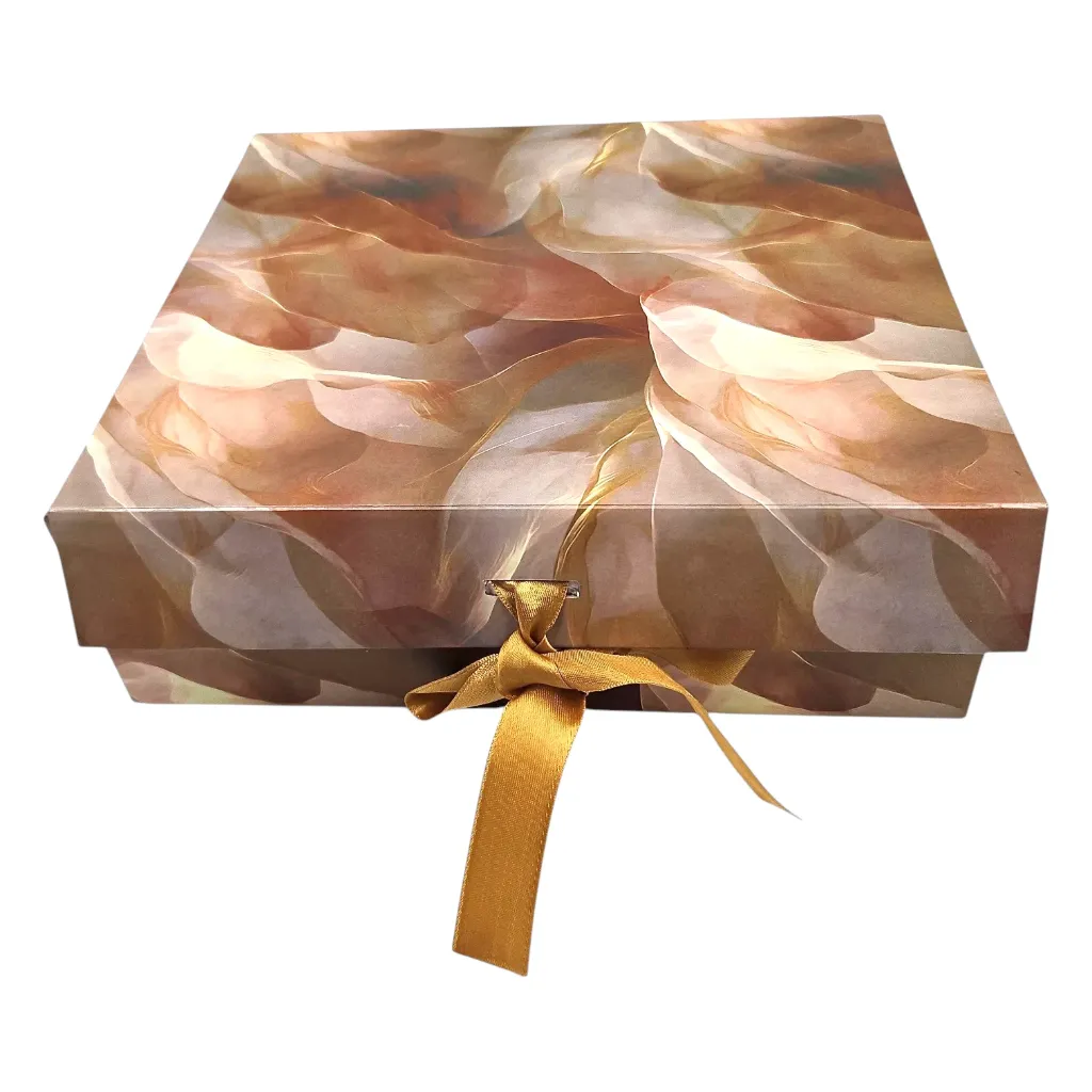 Abstract Design Golden Brown & Biege Hamper Box With Ribbon 25cm X 29cm