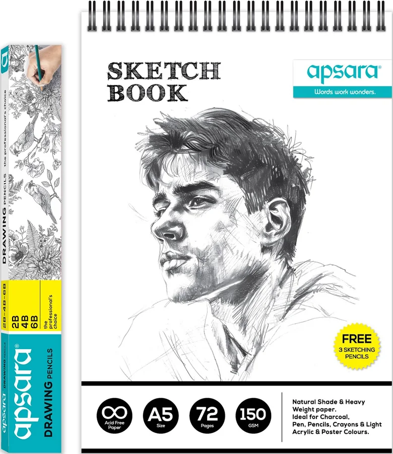 Apsara A5 Spiral Sketch Book With 3 Sketching Pencil