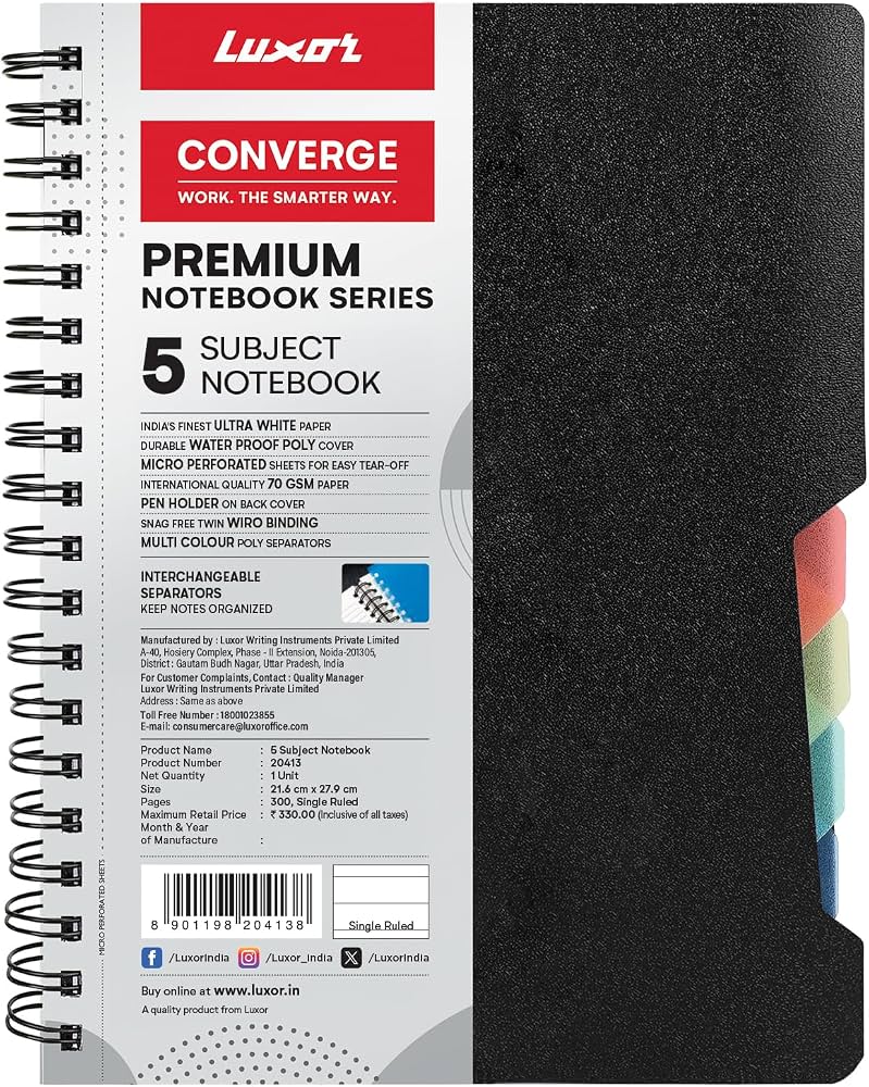 Luxor Converge Premium 5 Subject Ruled Notebook With Inter changeable Separators