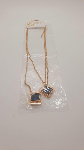 [IX000791] Fancy Black Stone In Frames Long Golden Neck Chain (Flower)