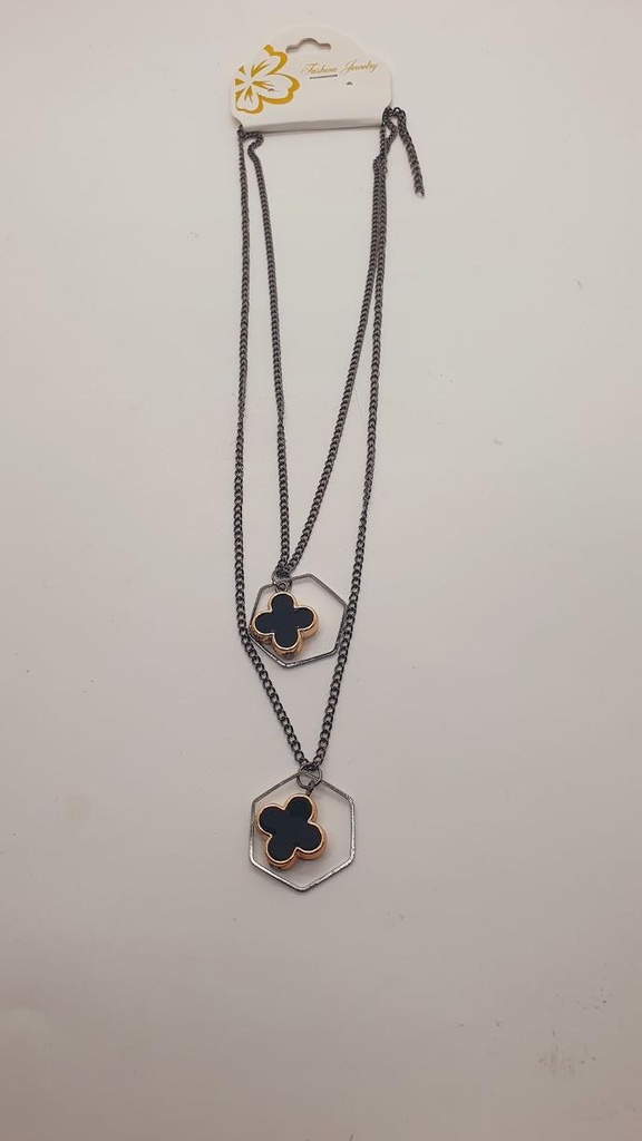 [IX000795] Fancy Black Stone In Frames Long Black Silver Neck Chain  (Flower In Hexagon)