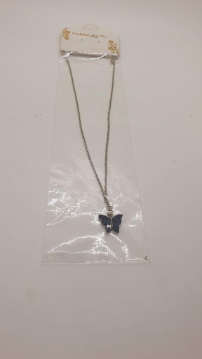 Fancy Simple Silver Neck Chain With Black Stone Butterfly 