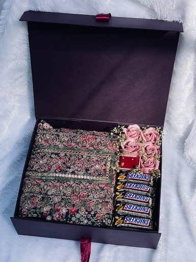 Customized Gift Box With Dress, Chocolates, & Pink Flowers 