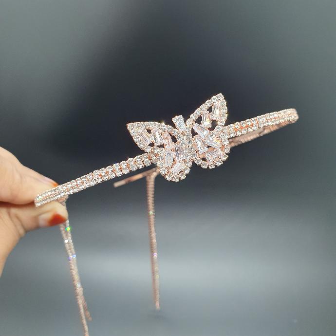 [IX000128] Butterfly Hair Band With Hanging Stone  (Rose gold)