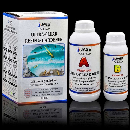Jagz Ultra Clear Resin With Hardener 2 : 1 Self Leveling High Gloss Deep Penetration (1000 gm Resin + 500 gm Hardener)