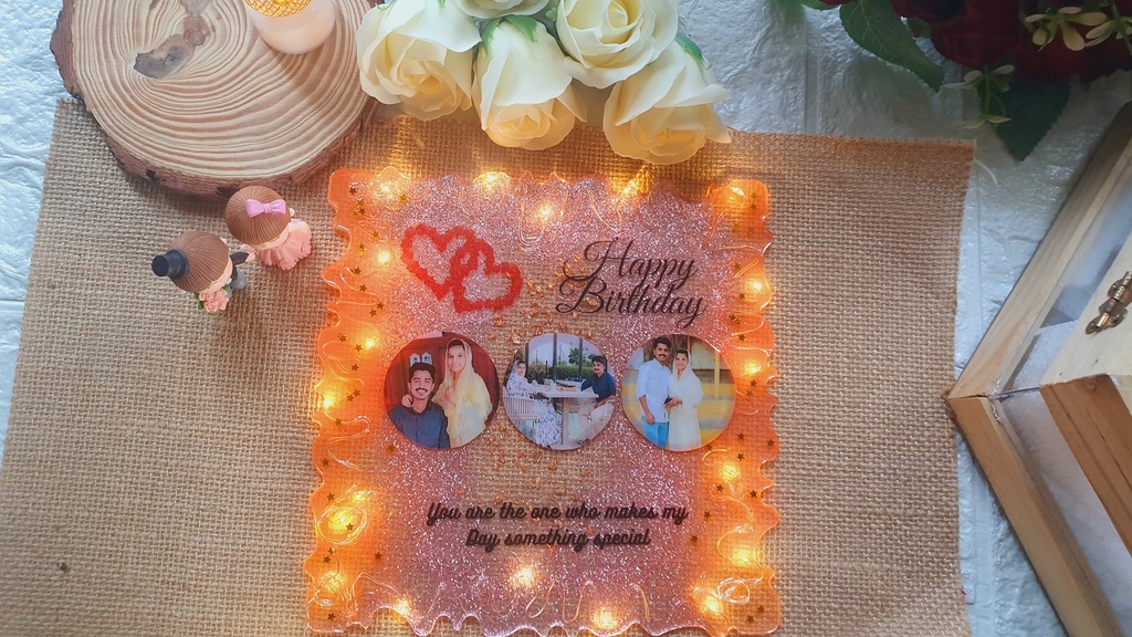 Resin Transparent Frame with LED golden lights with Photo