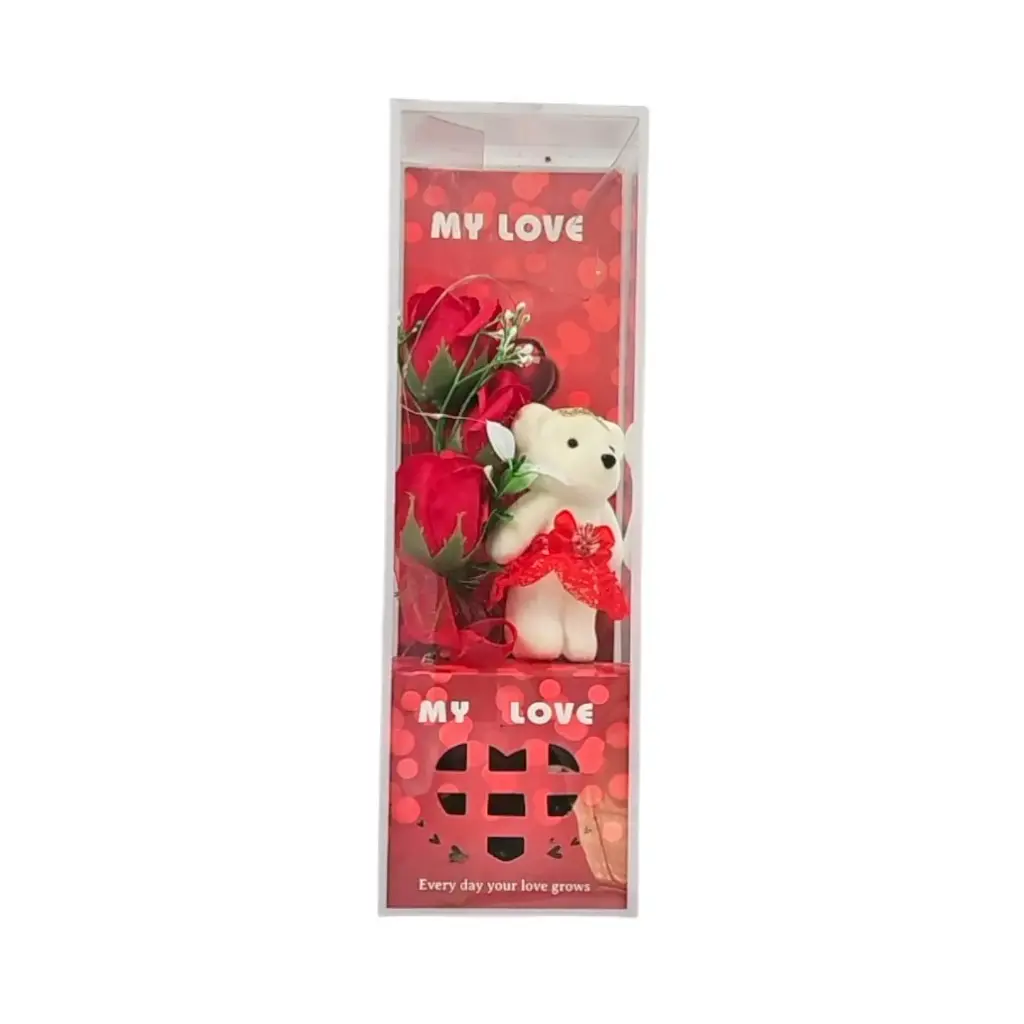 [IX002403] My Love Floral Gift Box With Teddy Bear And Lights (Red)