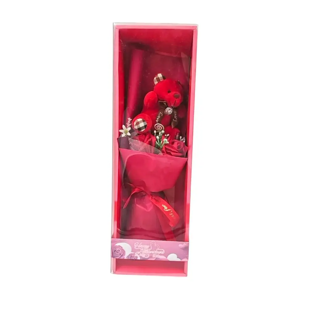 [IX002408] Floral Bouquet Gift Box With Teddy Bear  (Red)