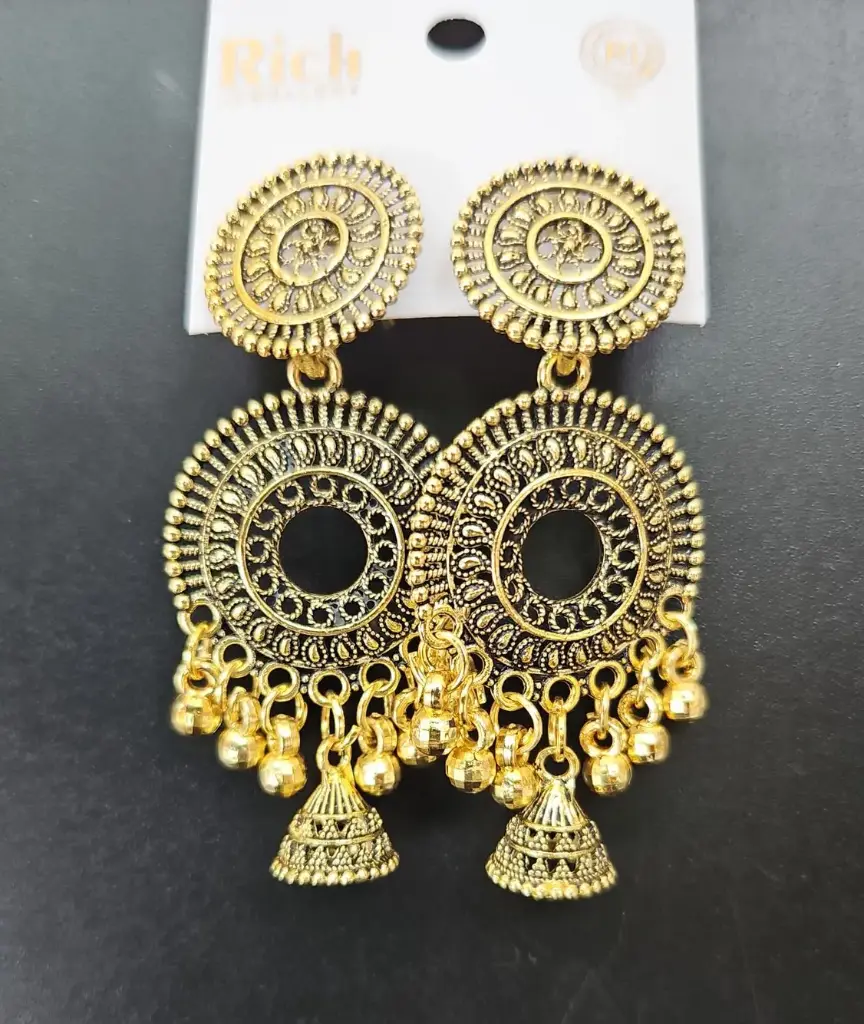 [IX2400484] Golden Hanging Heavy Round Earring With Small Jumka 