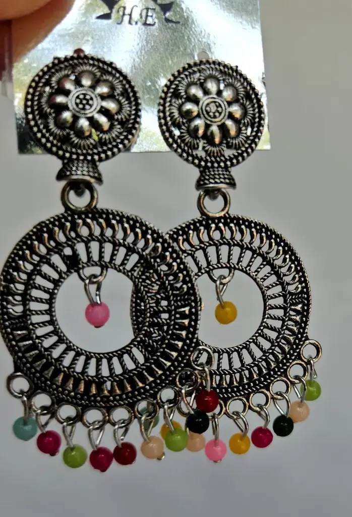 Multi Color Stone Black Silver Round Hanging Earring