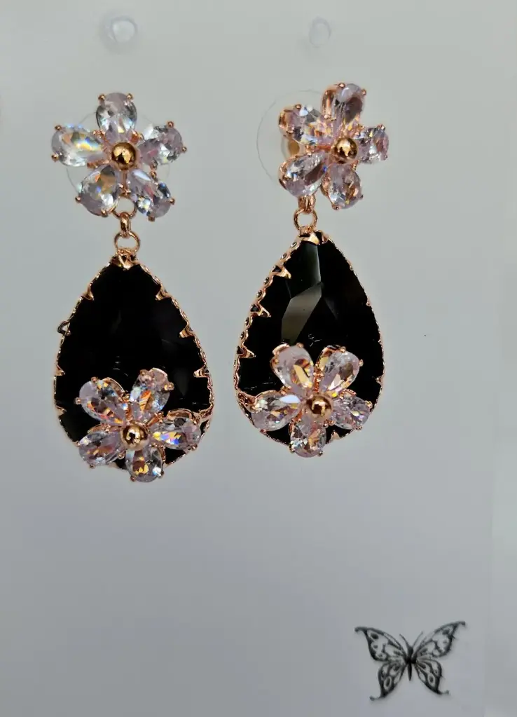 [IX2400530] Premium Rose Gold Earring With Colored Hanging Stones  (Black)