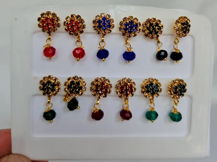 Colored Stone In Golden Stud Earring With Pearl Hanging   