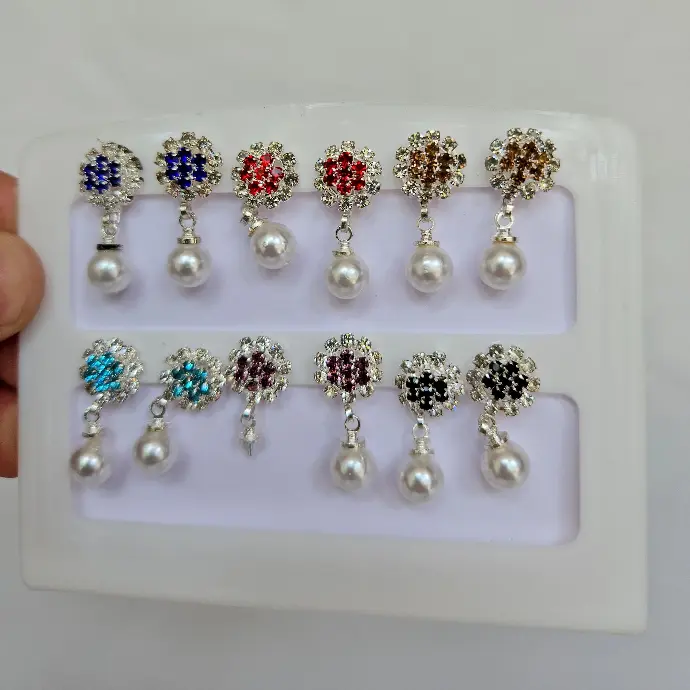 Colored Stone In Silver Stud Earring With Pearl Hanging    