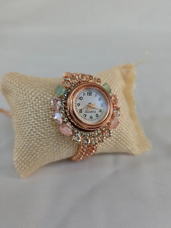 Rose Gold Imitation Bracelet Watches With Pink & Green Stones