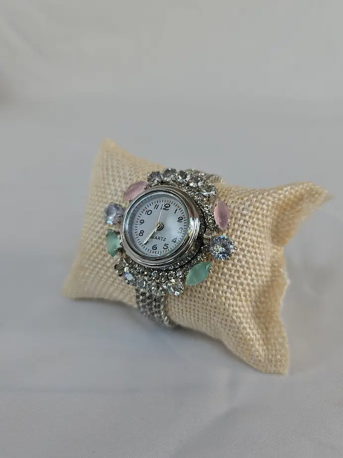 Silver Imitation Bracelet Watches With Pink & Green Stones 