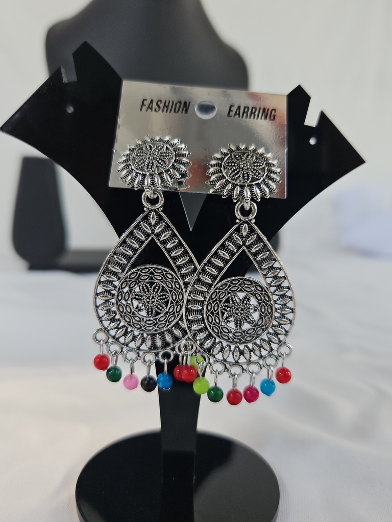 Multi Color Stone Black Silver Oval Hanging Earring 