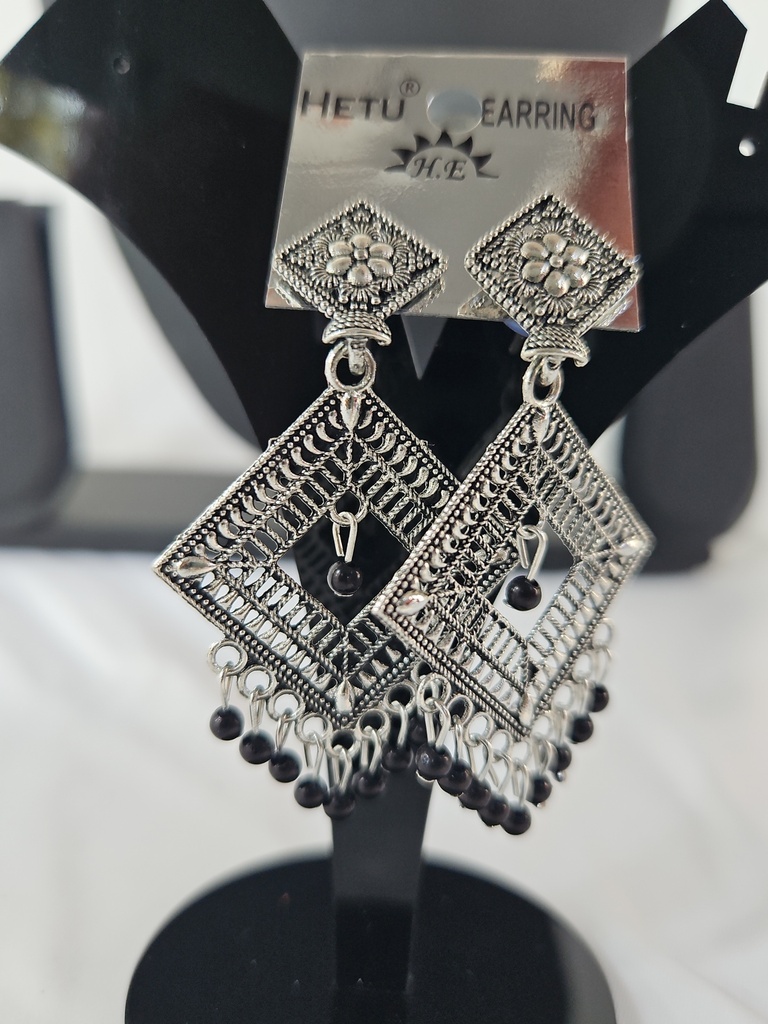 Silver Hanging Diagonal Heavy Earring With Black Beads