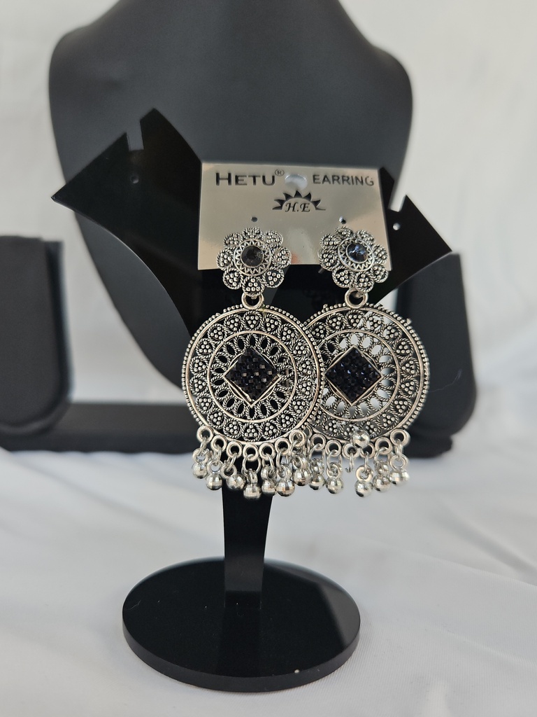 Silver Hanging Round Heavy Earring With Black Stones