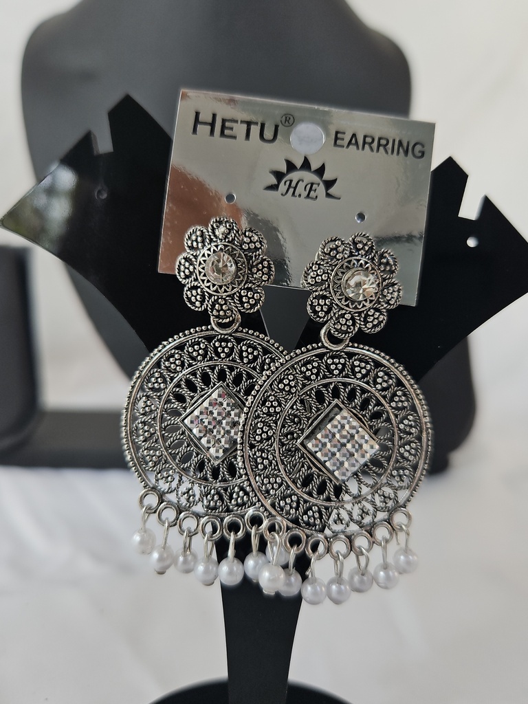 Silver Hanging Round Heavy Earring With White Stones 