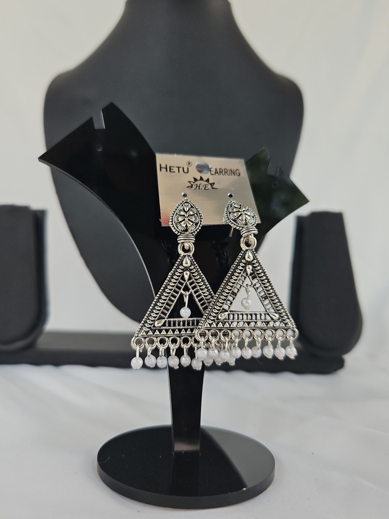 Silver Hanging Triangular Heavy Earring With White Beads