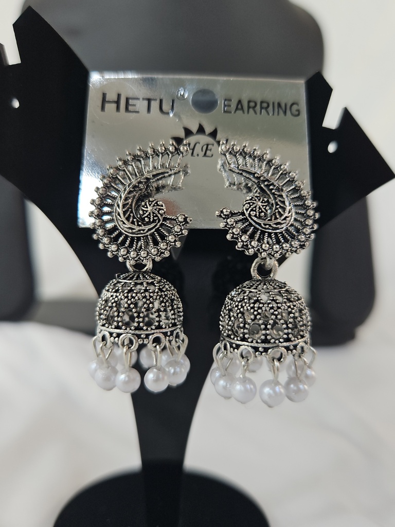 [IX2400682] Silver Hanging Curved Heavy Earring With White Beads 