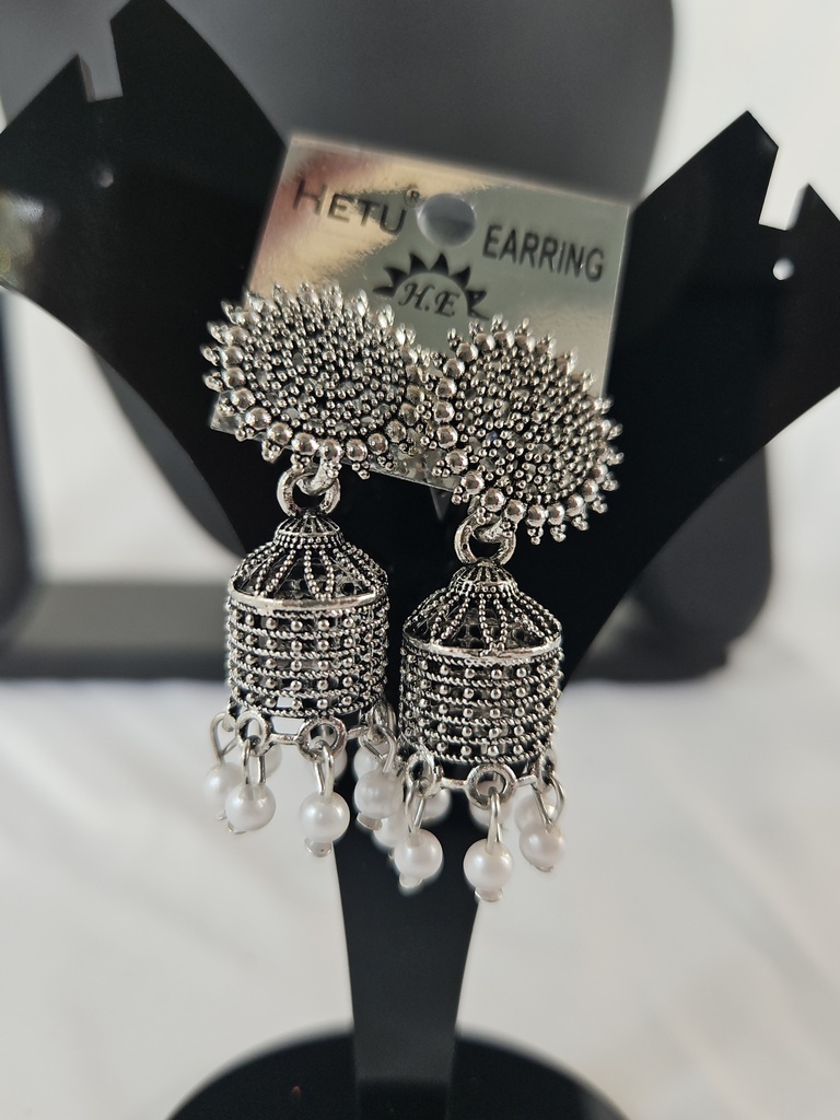 Silver Hanging Cylinder Jumka Earring With White Beads 