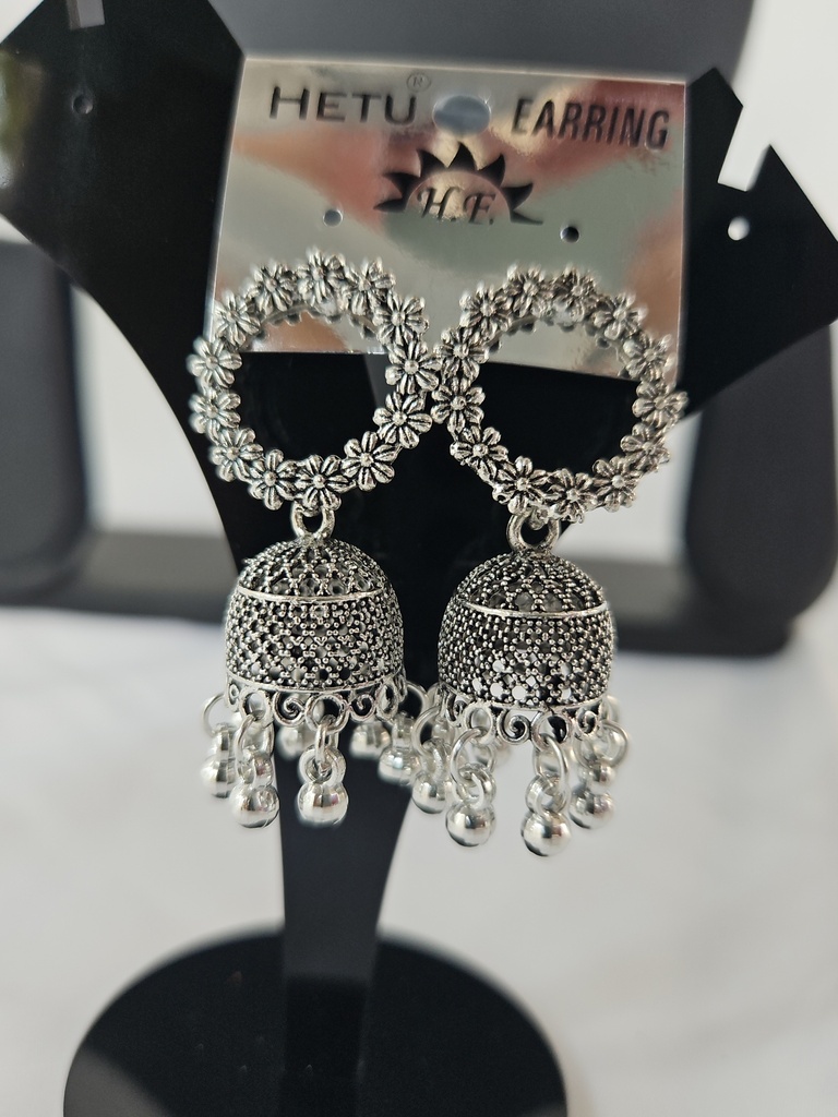 [IX2400688] Silver Hanging Round Jumka Earring With Silver Beads  