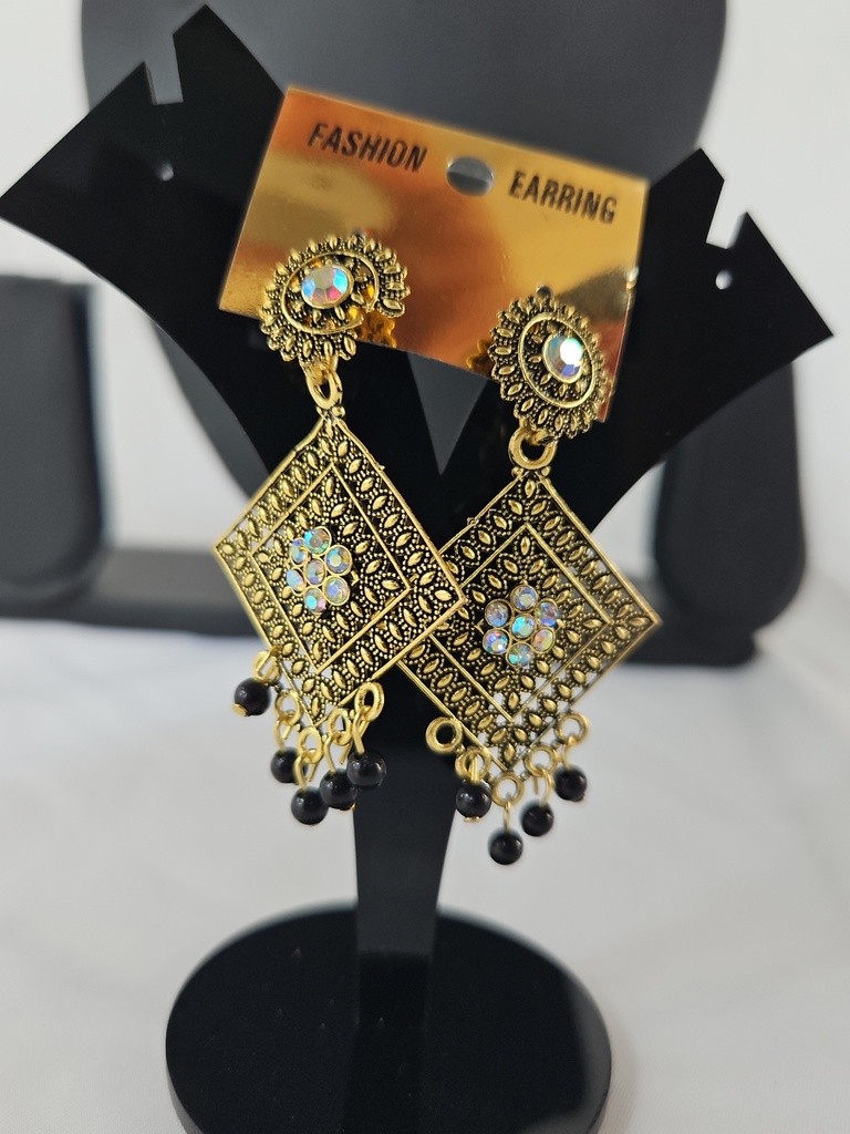 Golden Hanging Diagonal Earring With Black Beads