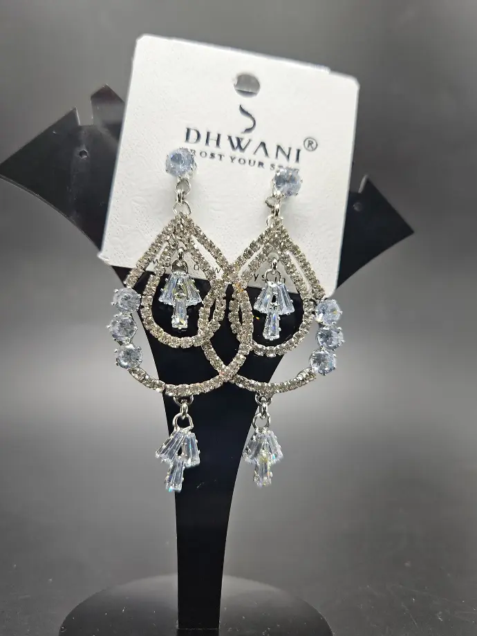 Earring 2 Layer Diamond Stone Water Drop Design Silver
