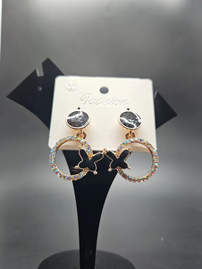 Earring Circle with Stones Butterfly Attached Rose Gold