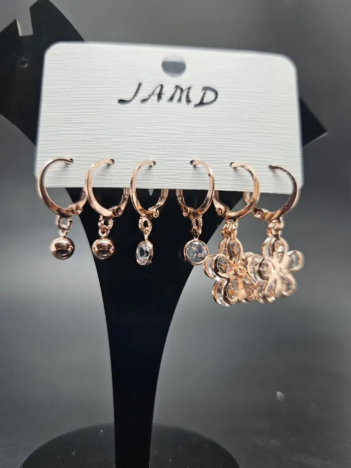 [IX2400780] Earring 3 Pair Flower, Single Stone, Single Ball Design (Rose gold)
